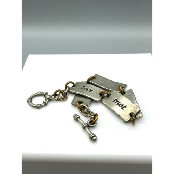 Vintage Two Tone Words Bracelet, Silver Tone and Brass Power Words Link Bangle - Picture 5 of 7